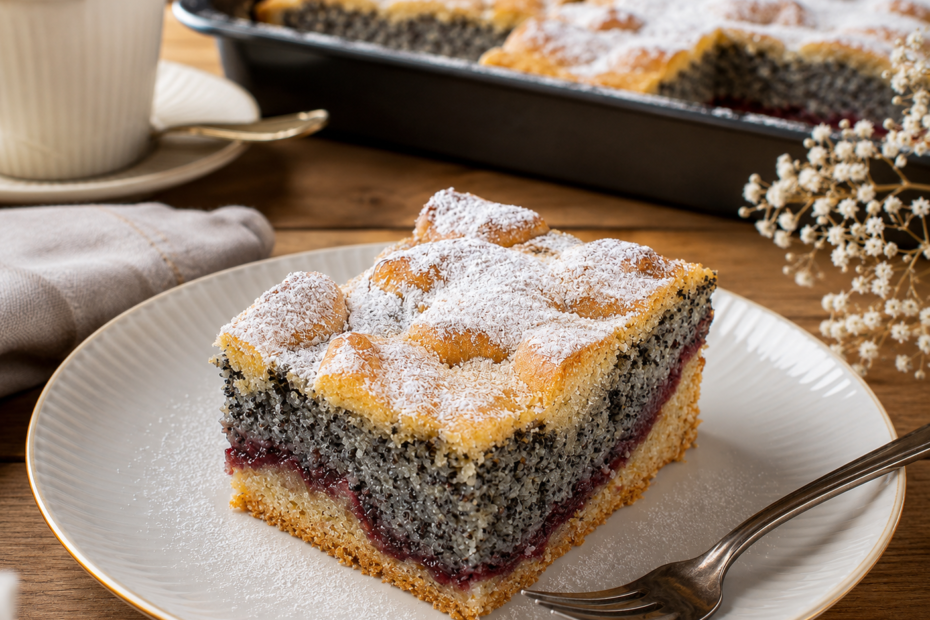 Saftiger Mohnkuchen mit Grieß und cremiger Mohnfüllung auf einem weißen Teller**