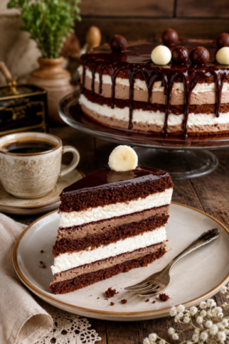Mehrstöckige Schoko-Vanilletorte mit luftigem Schokoladenbiskuit, cremiger Vanillefüllung und glänzendem Schokoladen-Drip auf einer Tortenplatte serviert.