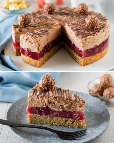 Rocher-Torte mit Kirschen und cremiger Haselnuss-Schokoladenfüllung