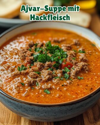 Ajvar-Suppe mit Hackfleisch