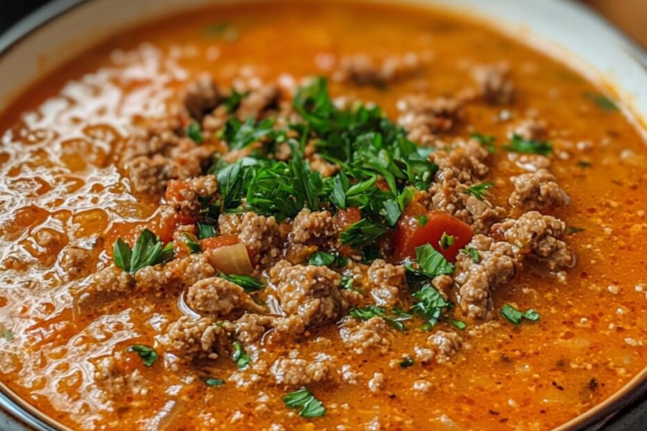 Ajvar-Suppe mit Hackfleisch