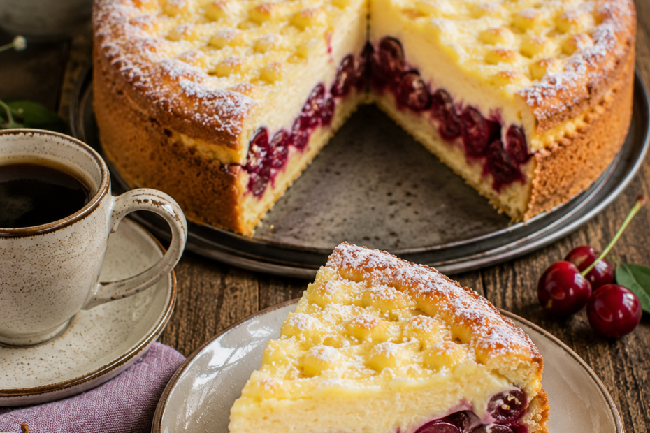 Saftiger Kirschkuchen mit cremiger Vanillehaube und einem angeschnittenen Stück auf einem rustikalen Holztisch