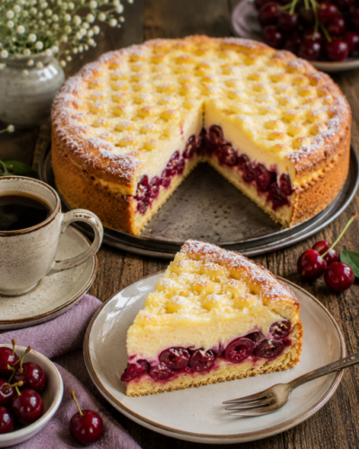 Saftiger Kirschkuchen mit cremiger Vanillehaube und einem angeschnittenen Stück auf einem rustikalen Holztisch