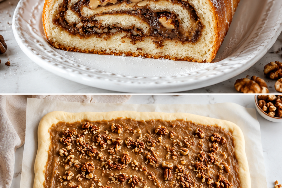 German Nut Stollen mit cremiger Nussfüllung, goldbrauner Kruste und einer Schicht Puderzucker.