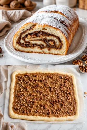 German Nut Stollen mit cremiger Nussfüllung, goldbrauner Kruste und einer Schicht Puderzucker.