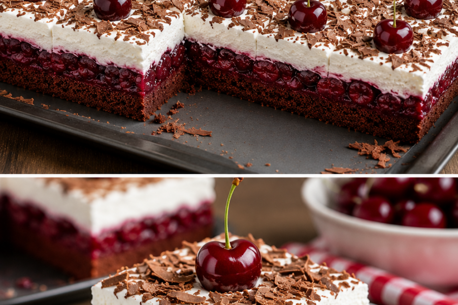Saftiger Schwarzwälder Kirsch-Blechkuchen mit Schokoladenboden, fruchtiger Kirschfüllung, luftiger Sahneschicht und Schokoladenraspeln, dekoriert mit frischen Kirschen.