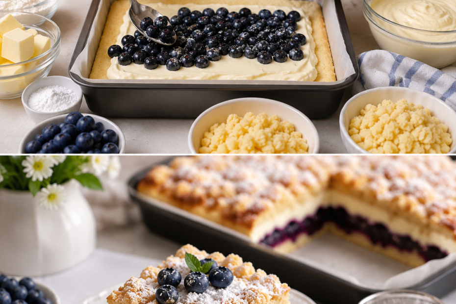 Heidelbeerkuchen mit Creme und Streuseln auf knusprigem Mürbeteig, gefüllt mit cremiger Käsemasse und saftigen Heidelbeeren, bestäubt mit Puderzucker – ein sommerlicher Blechkuchen mit frischen Beeren.