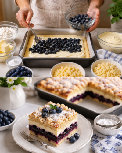 Heidelbeerkuchen mit Creme und Streuseln auf knusprigem Mürbeteig, gefüllt mit cremiger Käsemasse und saftigen Heidelbeeren, bestäubt mit Puderzucker – ein sommerlicher Blechkuchen mit frischen Beeren.