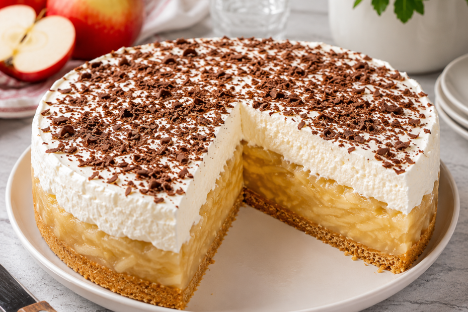 Cremige Apfeltorte ohne Backen mit Butterkeksboden, fruchtiger Apfelfüllung, Sahneschicht und Schokoraspeln