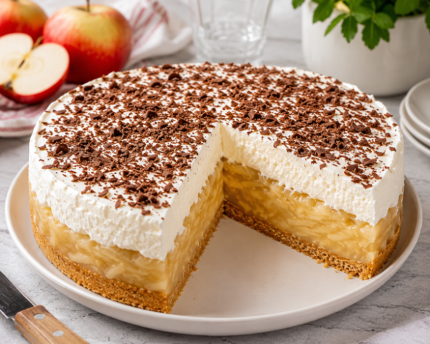 Cremige Apfeltorte ohne Backen mit Butterkeksboden, fruchtiger Apfelfüllung, Sahneschicht und Schokoraspeln