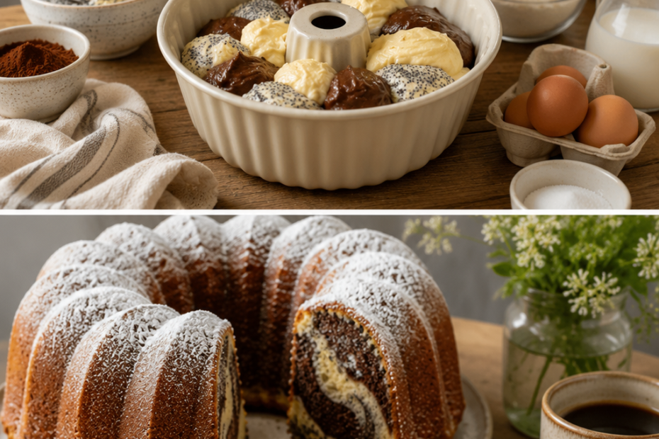 Saftiger Marmorkuchen mit Mohn in Gugelhupfform, bestäubt mit Puderzucker und feiner Schokoladen-Marmorierung