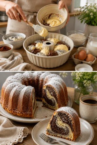 Saftiger Marmorkuchen mit Mohn in Gugelhupfform, bestäubt mit Puderzucker und feiner Schokoladen-Marmorierung