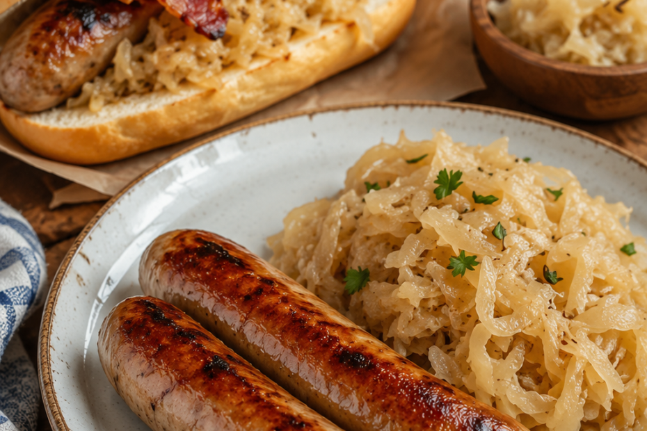 German Bratwurst mit Sauerkraut, geschmorten Äpfeln und Zwiebeln in einer rustikalen Pfanne.