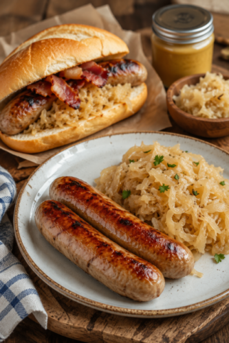 German Bratwurst mit Sauerkraut, geschmorten Äpfeln und Zwiebeln in einer rustikalen Pfanne.