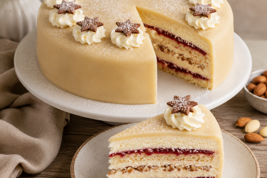 Marzipan Torte mit luftigem Biskuit, Mandelsahne, Himbeermarmelade und feiner Marzipandecke