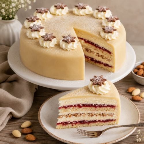 🌸🎂 Diese Marzipan Torte ist ein Traum für alle Marzipan-Fans!Lockerer Biskuit, fruchtige Himbeermarmelade, cremige Mandelsahne und eine zarte Marzipandecke machen diese Festtagstorte zu einem echten Highlight.