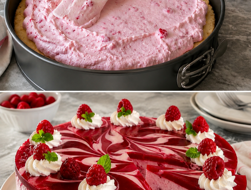 Himbeer-Rahmtorte mit cremiger Sahnefüllung, Himbeerschicht und frischen Himbeeren dekoriert