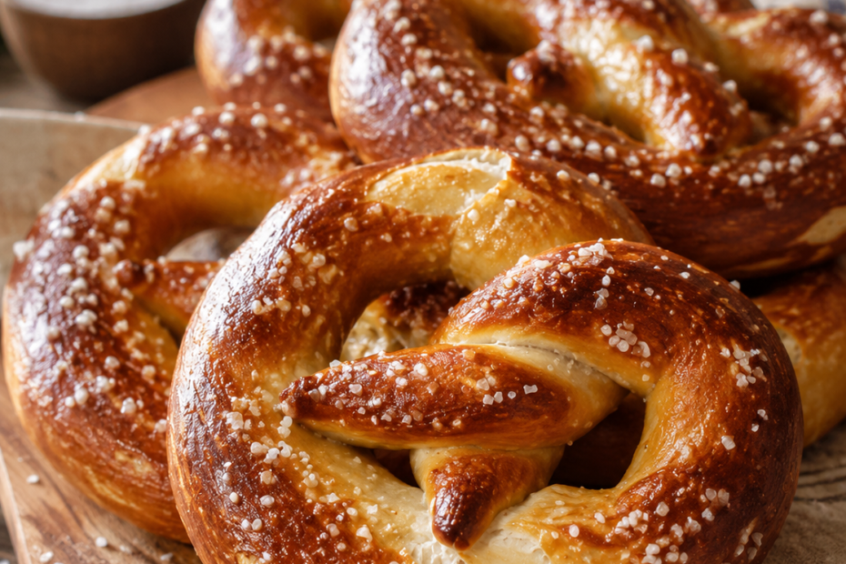Frisch gebackene deutsche Brezeln mit goldbrauner Kruste und grobem Salz auf einem Holzbrett serviert.
