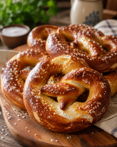 Frisch gebackene deutsche Brezeln mit goldbrauner Kruste und grobem Salz auf einem Holzbrett serviert.