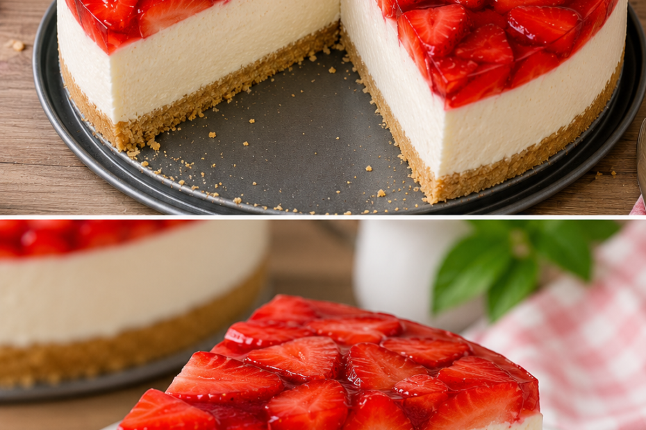 Cremiger Erdbeer-Käsekuchen mit knusprigem Keksboden, luftiger Frischkäsecreme, frischen Erdbeeren und glänzendem Erdbeergelee auf einer Kuchenplatte serviert.