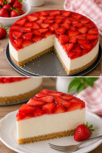 Cremiger Erdbeer-Käsekuchen mit knusprigem Keksboden, luftiger Frischkäsecreme, frischen Erdbeeren und glänzendem Erdbeergelee auf einer Kuchenplatte serviert.