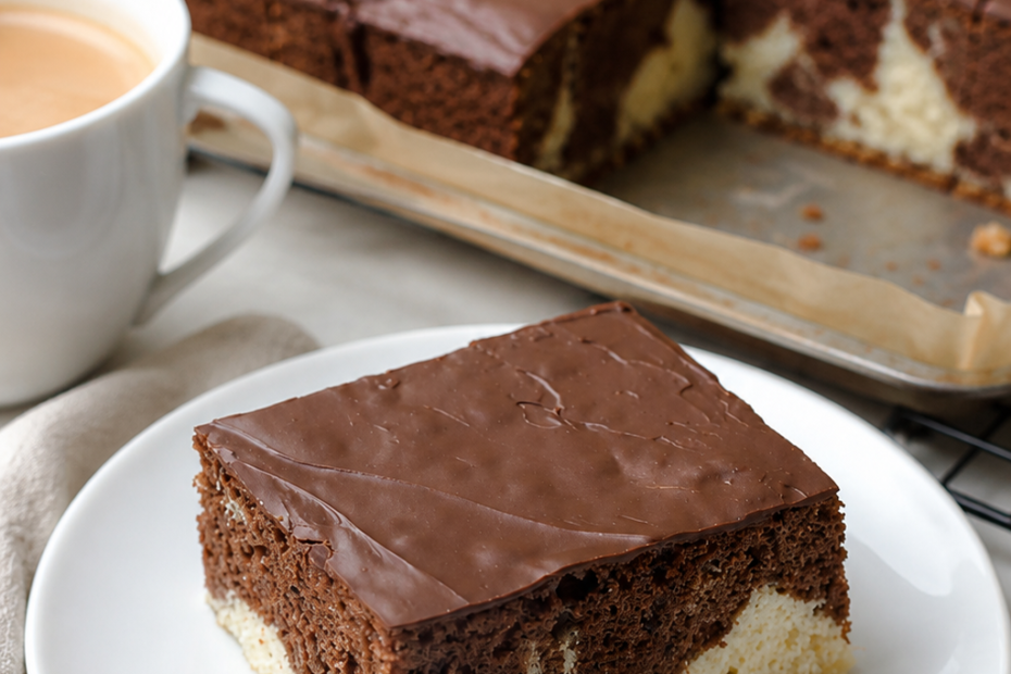 Saftiger Marmorkuchen vom Blech mit klassischem Marmormuster und glänzender Schokoladenglasur