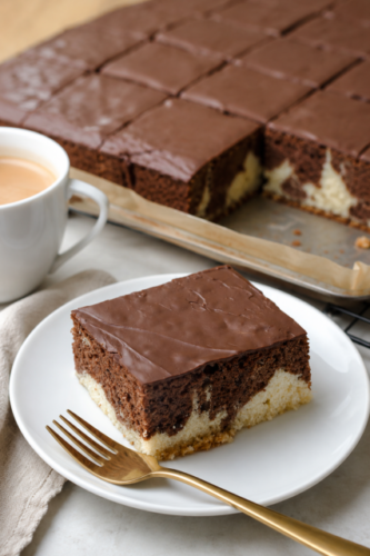 Saftiger Marmorkuchen vom Blech mit klassischem Marmormuster und glänzender Schokoladenglasur