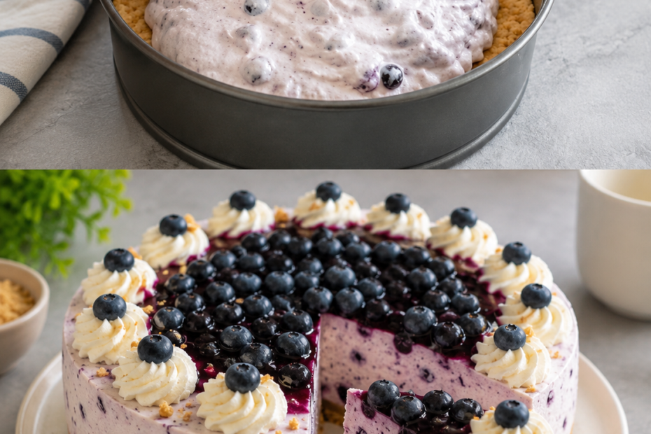 Heidelbeer-Sahne-Schmand-Torte mit cremiger Füllung, Biskuitboden und frischen Blaubeeren dekoriert