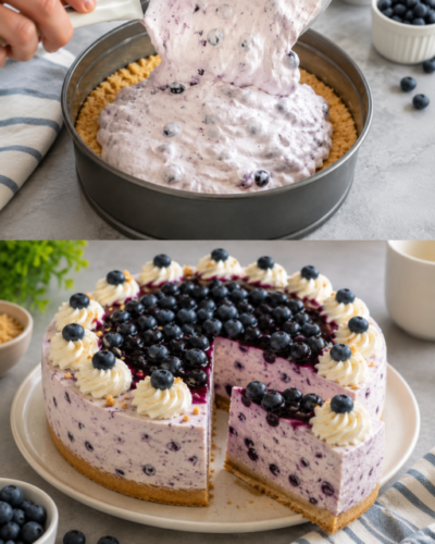 Heidelbeer-Sahne-Schmand-Torte mit cremiger Füllung, Biskuitboden und frischen Blaubeeren dekoriert