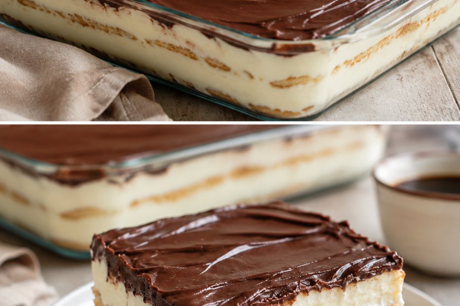 No Bake Chocolate Eclair Cake mit cremiger Vanillefüllung, weichen Graham-Cracker-Schichten und glänzender Schokoladenganache.