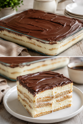 No Bake Chocolate Eclair Cake mit cremiger Vanillefüllung, weichen Graham-Cracker-Schichten und glänzender Schokoladenganache.
