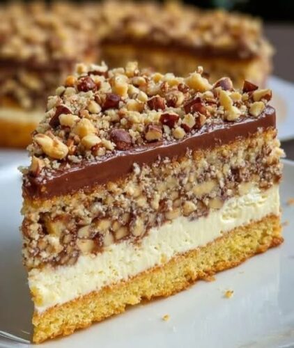 Praliné-Schokoladentorte mit Mascarponecreme, karamellisierten Haselnüssen und glänzender Schokoladenganache