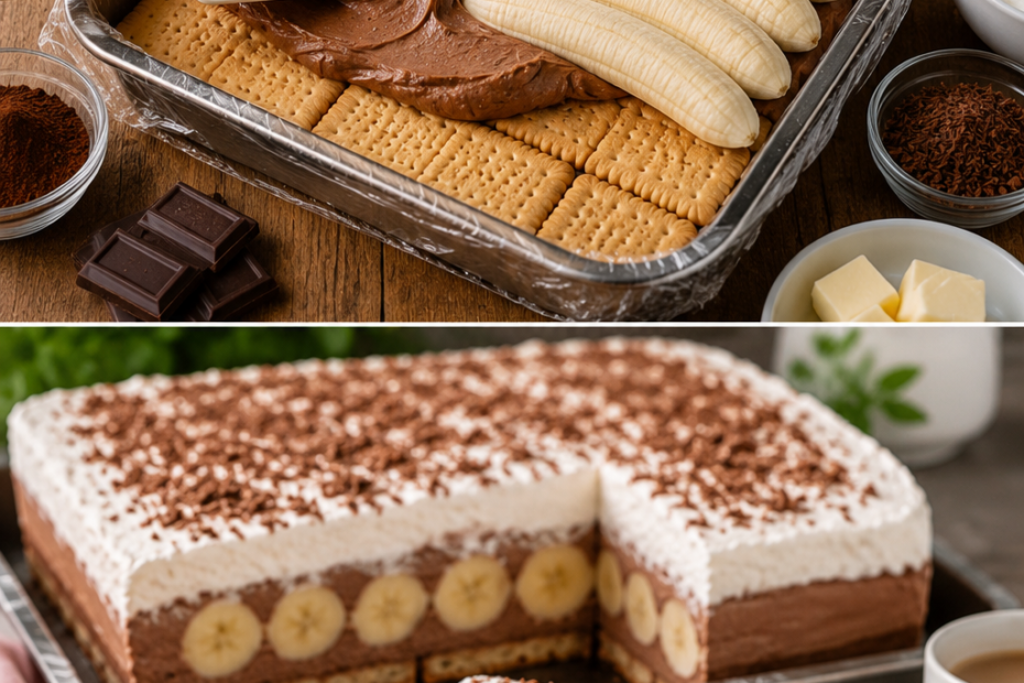 Dieser Bananenkuchen ohne Backen ist die perfekte Wahl, wenn Sie Lust auf ein schnelles Dessert haben, ohne den Backofen einzuschalten. Er kombiniert eine cremige Käse-Schokoladen-Masse, ganze Bananen, knusprige Butterkekse und eine luftige Schlagsahneschicht.