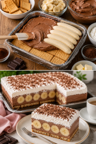 Dieser Bananenkuchen ohne Backen ist die perfekte Wahl, wenn Sie Lust auf ein schnelles Dessert haben, ohne den Backofen einzuschalten. Er kombiniert eine cremige Käse-Schokoladen-Masse, ganze Bananen, knusprige Butterkekse und eine luftige Schlagsahneschicht.