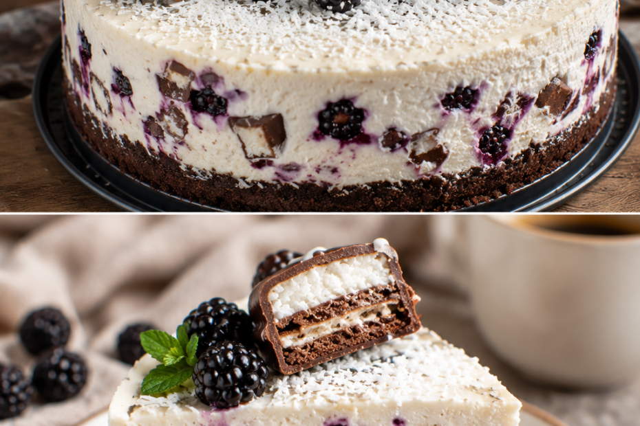 Cremiger Kinder Pingui Coco Cheesecake mit Brombeeren, Kokosraspeln und Kinder Pingui Coco auf einem Schokoladenkeksboden.