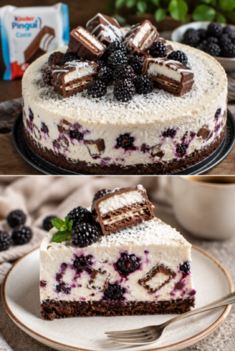 Cremiger Kinder Pingui Coco Cheesecake mit Brombeeren, Kokosraspeln und Kinder Pingui Coco auf einem Schokoladenkeksboden.