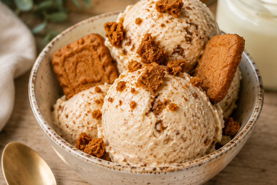 Cremiges Biscoff Eis mit Lotus-Keksstückchen und karamelliger Creme in einer Dessertschale