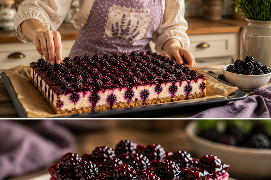 Brombeer-Käsekuchen vom Blech mit cremiger Frischkäsefüllung, knusprigem Butterkeksboden und frischem Brombeer-Topping