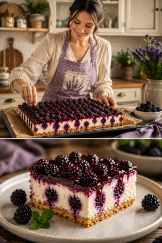 Brombeer-Käsekuchen vom Blech mit cremiger Frischkäsefüllung, knusprigem Butterkeksboden und frischem Brombeer-Topping