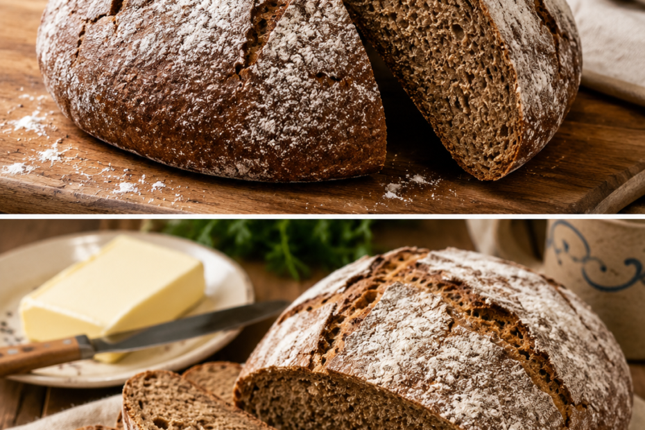 Frisch gebackenes deutsches Roggenbrot mit knuspriger Kruste und saftiger Krume, in Scheiben auf einem Holzbrett serviert.