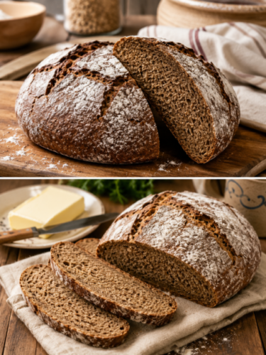Frisch gebackenes deutsches Roggenbrot mit knuspriger Kruste und saftiger Krume, in Scheiben auf einem Holzbrett serviert.