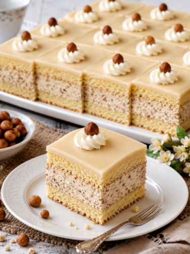 Haselnuss-Marzipan-Schnitten vom Blech mit luftigem Biskuit, cremiger Haselnussfüllung und feiner Marzipandecke