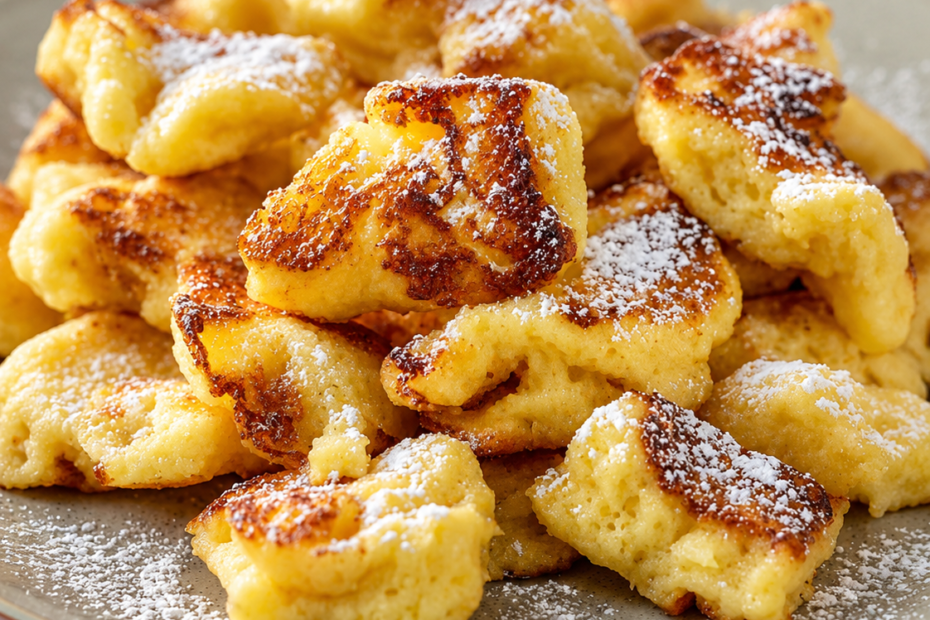 Fluffiger österreichischer Kaiserschmarrn mit Puderzucker auf einem Teller serviert