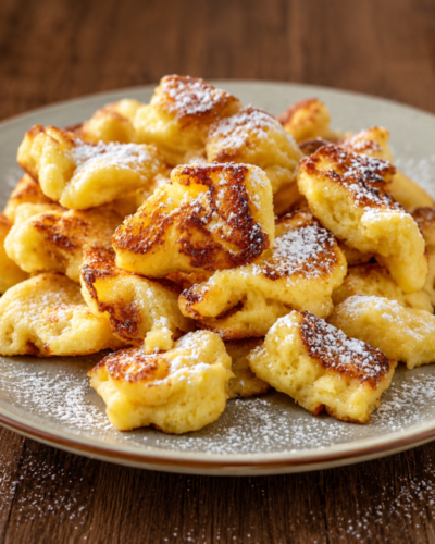 Fluffiger österreichischer Kaiserschmarrn mit Puderzucker auf einem Teller serviert