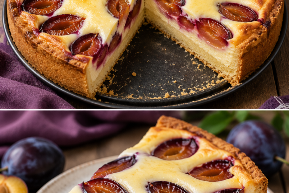 Cremiger Zwetschgenkuchen mit Schmandguss, Vanillepudding und saftigen Zwetschgen auf knusprigem Mürbeteig, serviert auf einem Kuchenteller.