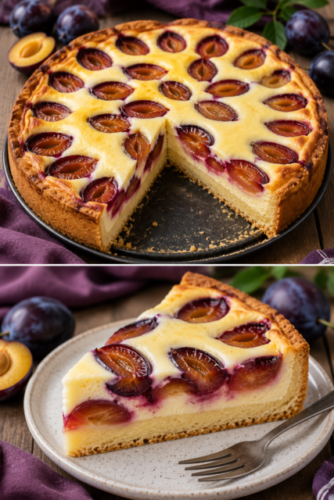 Cremiger Zwetschgenkuchen mit Schmandguss, Vanillepudding und saftigen Zwetschgen auf knusprigem Mürbeteig, serviert auf einem Kuchenteller.