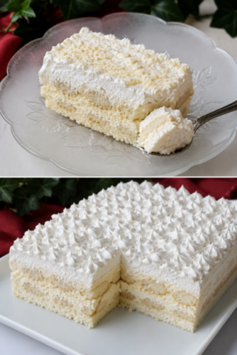 Cremige Raffaello-Torte mit Löffelbiskuits, Kokosboden, Vanillecreme und luftiger Sahne – ein eleganter Festtagskuchen mit feinem Kokosgeschmack.