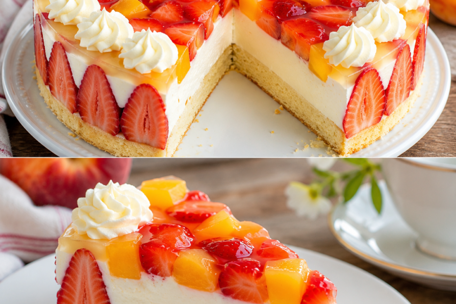 Cremige Erdbeer-Pfirsich-Joghurttorte mit lockerem Biskuitboden, frischen Erdbeeren, saftigen Pfirsichen und glänzendem Fruchtspiegel auf einer Tortenplatte serviert.