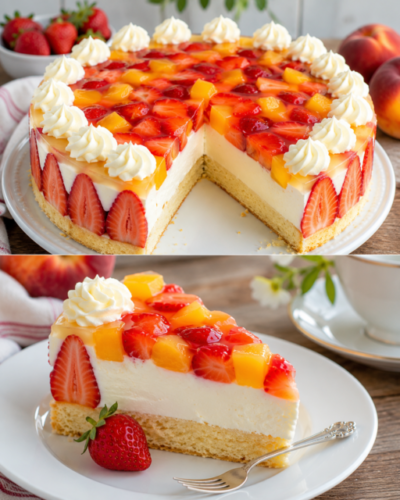 Cremige Erdbeer-Pfirsich-Joghurttorte mit lockerem Biskuitboden, frischen Erdbeeren, saftigen Pfirsichen und glänzendem Fruchtspiegel auf einer Tortenplatte serviert.