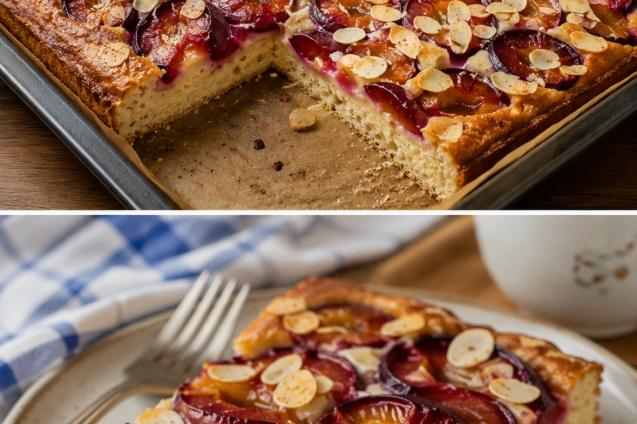 Saftiger Pflaumenkuchen mit lockerem Hefeteig, dicht belegten Zwetschgen und cremigem Sahneguss frisch aus dem Ofen.